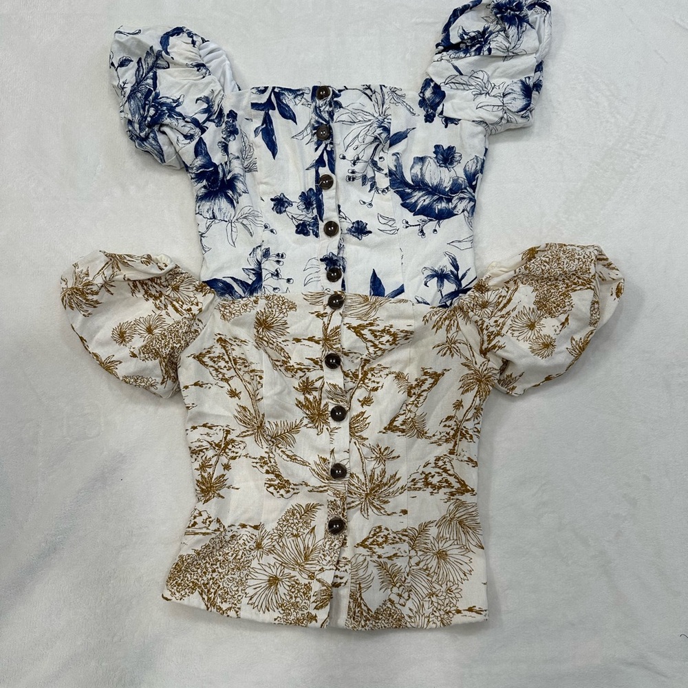 Blashe Floral Print Blouse - Puff Sleeves - Crop Top - Square Neckline - 2 Pcs